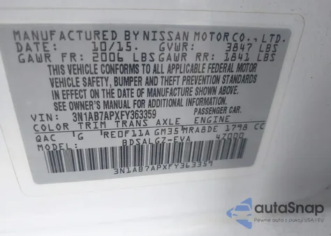 2015 Nissan Sentra Sl из США, поврежденный, VIN 3N1AB7APXFY363359